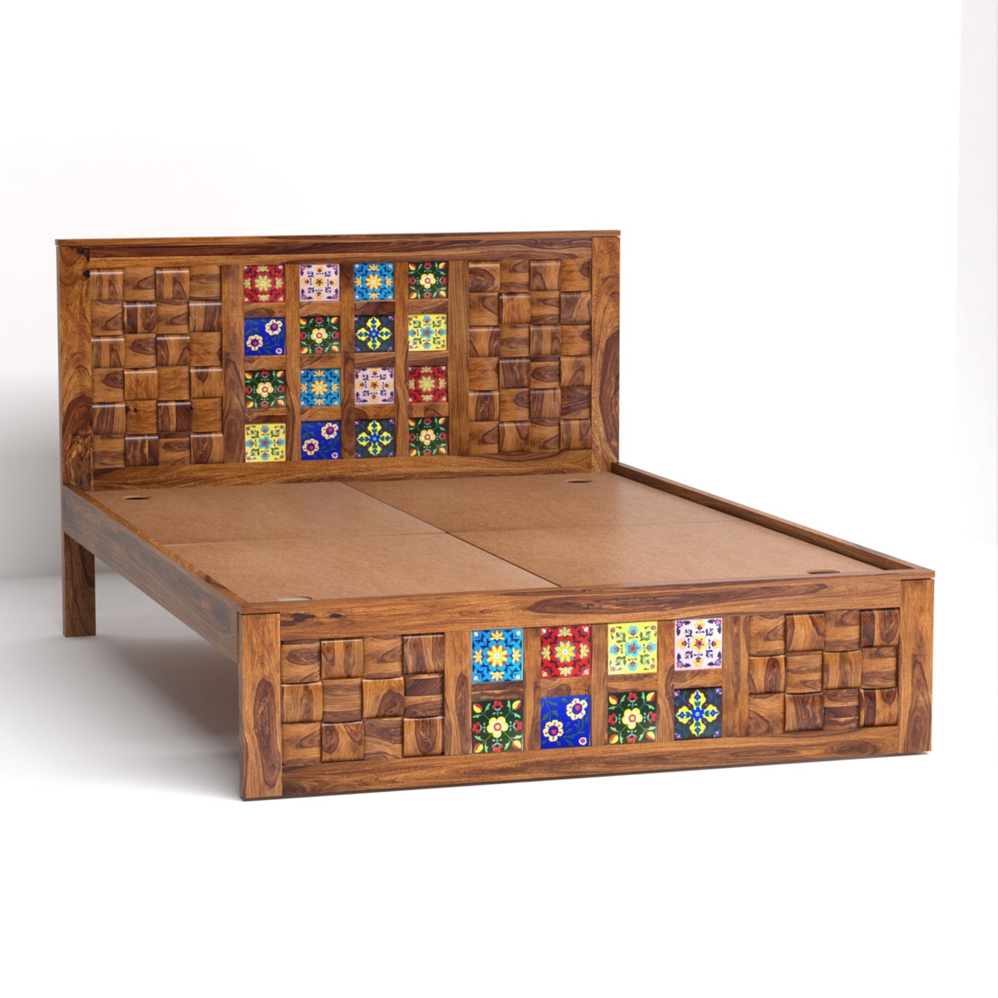 Amber Sheesham Wood Queen Size Bed in Honey Finish