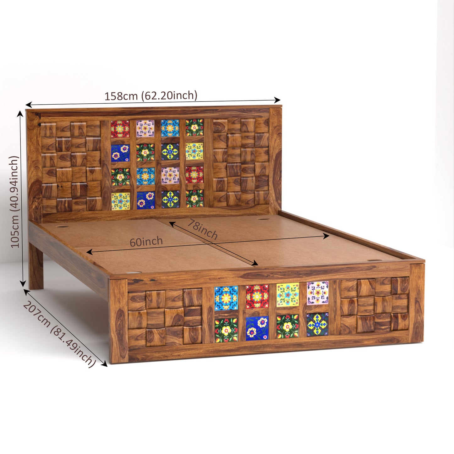 Amber Sheesham Wood Queen Size Bed in Honey Finish