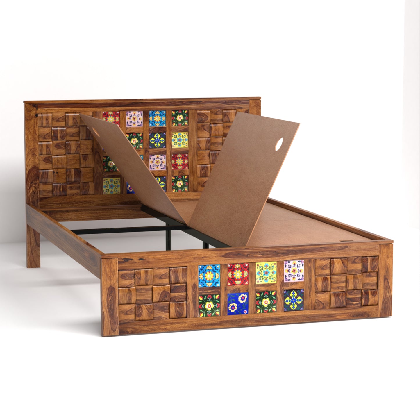 Amber Sheesham Wood Queen Size Bed in Honey Finish