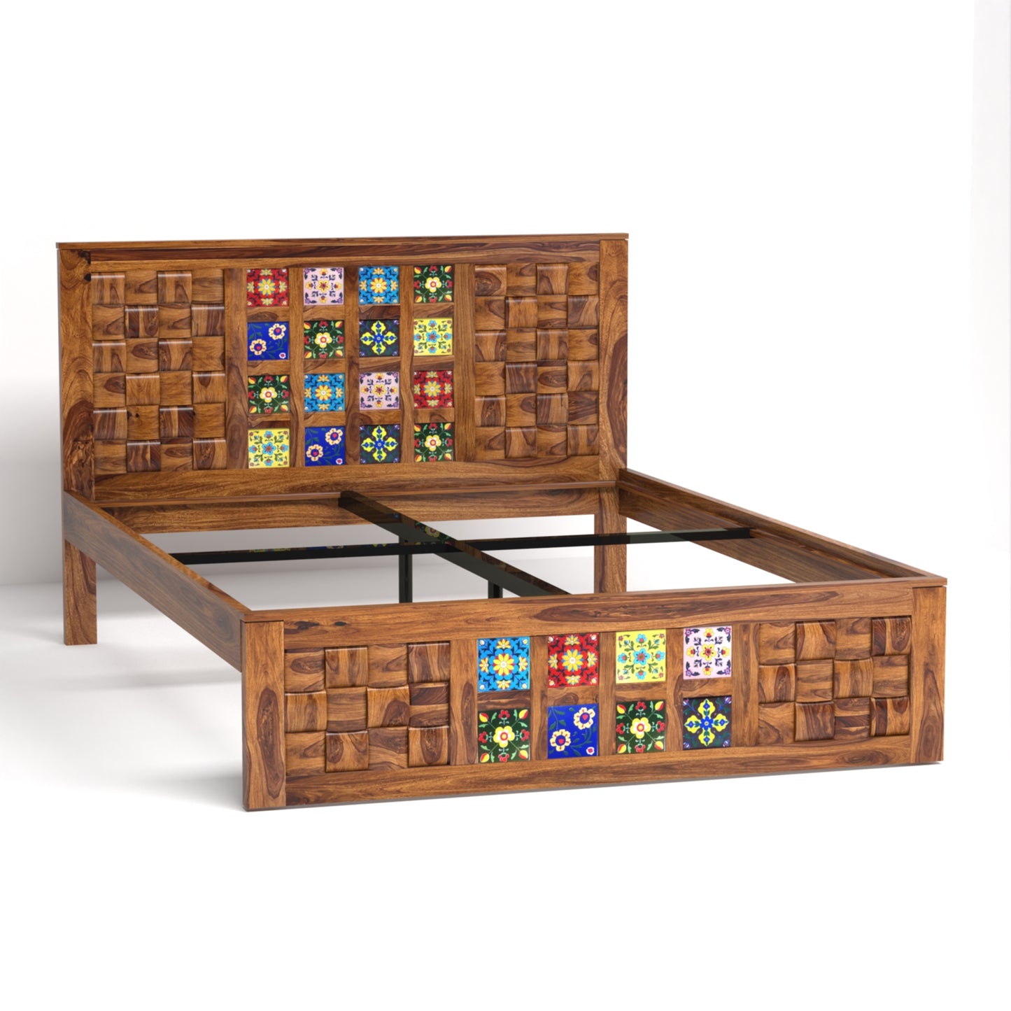 Amber Sheesham Wood Queen Size Bed in Honey Finish