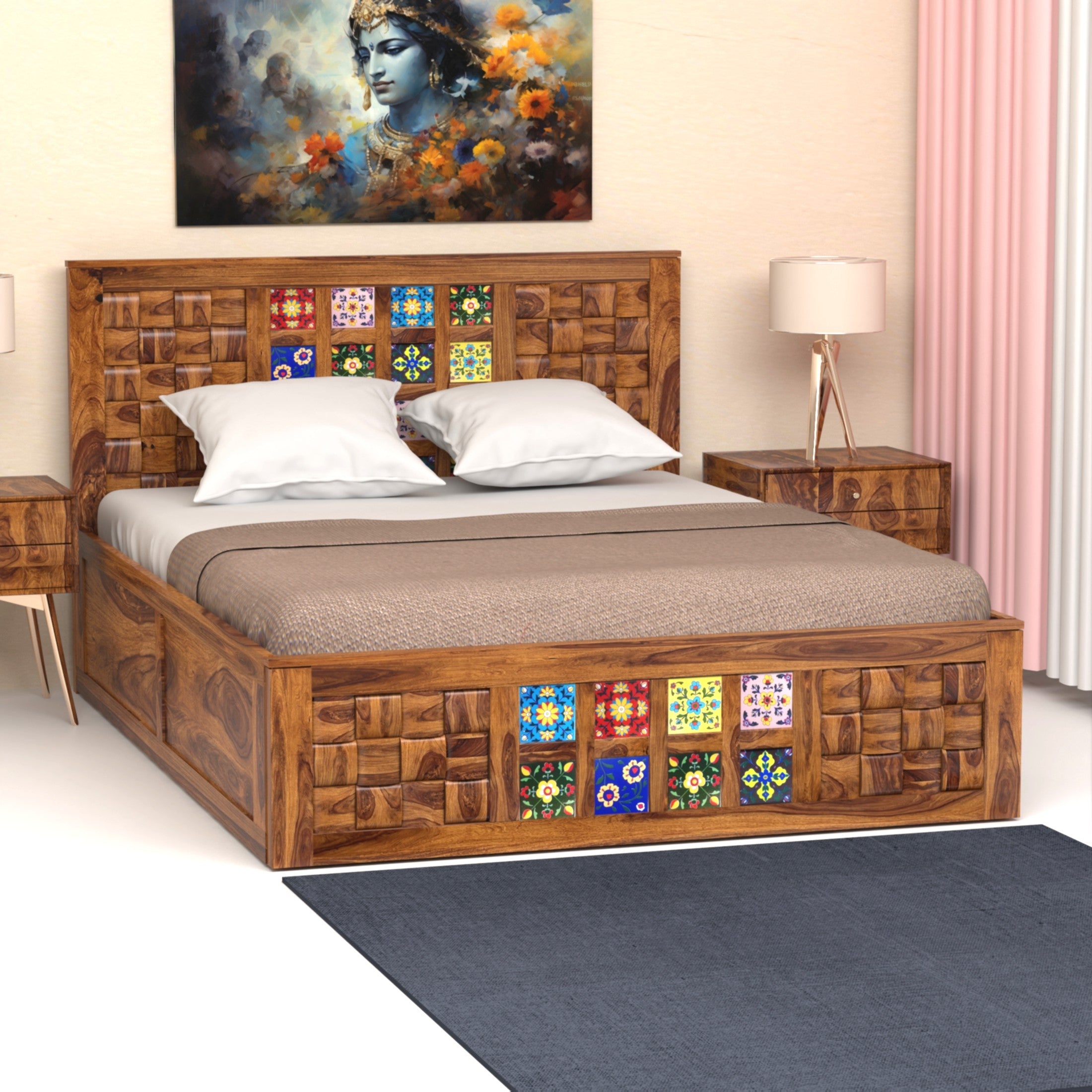 Amber Sheesham Wood Queen Size Bed with Box Storage in Honey Finish