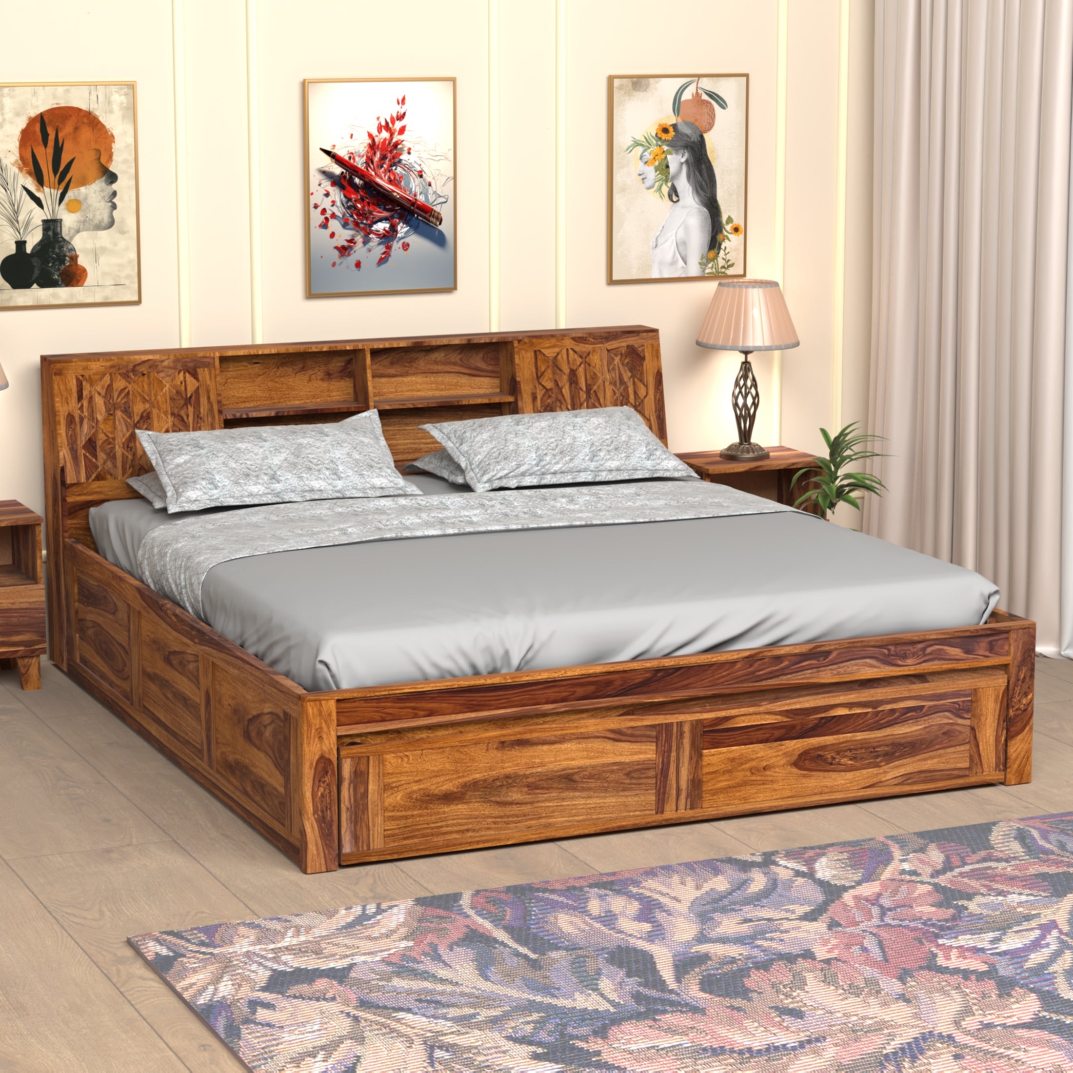 Bergen Sheesham Wood King Size Bed with Storage in Honey Finish