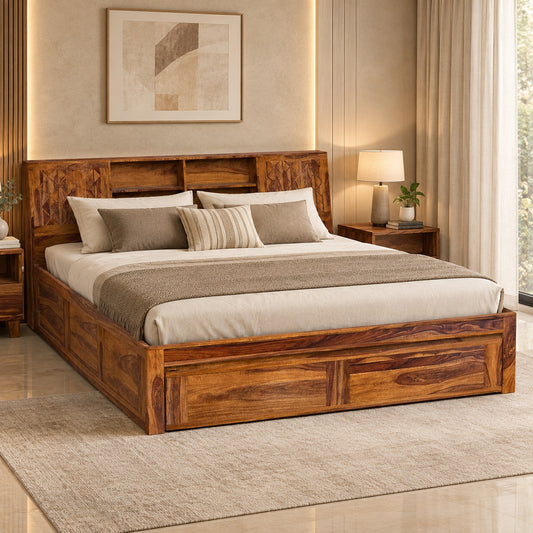 Bergen Sheesham Wood King Size Bed with Drawer Storage in Honey Finish