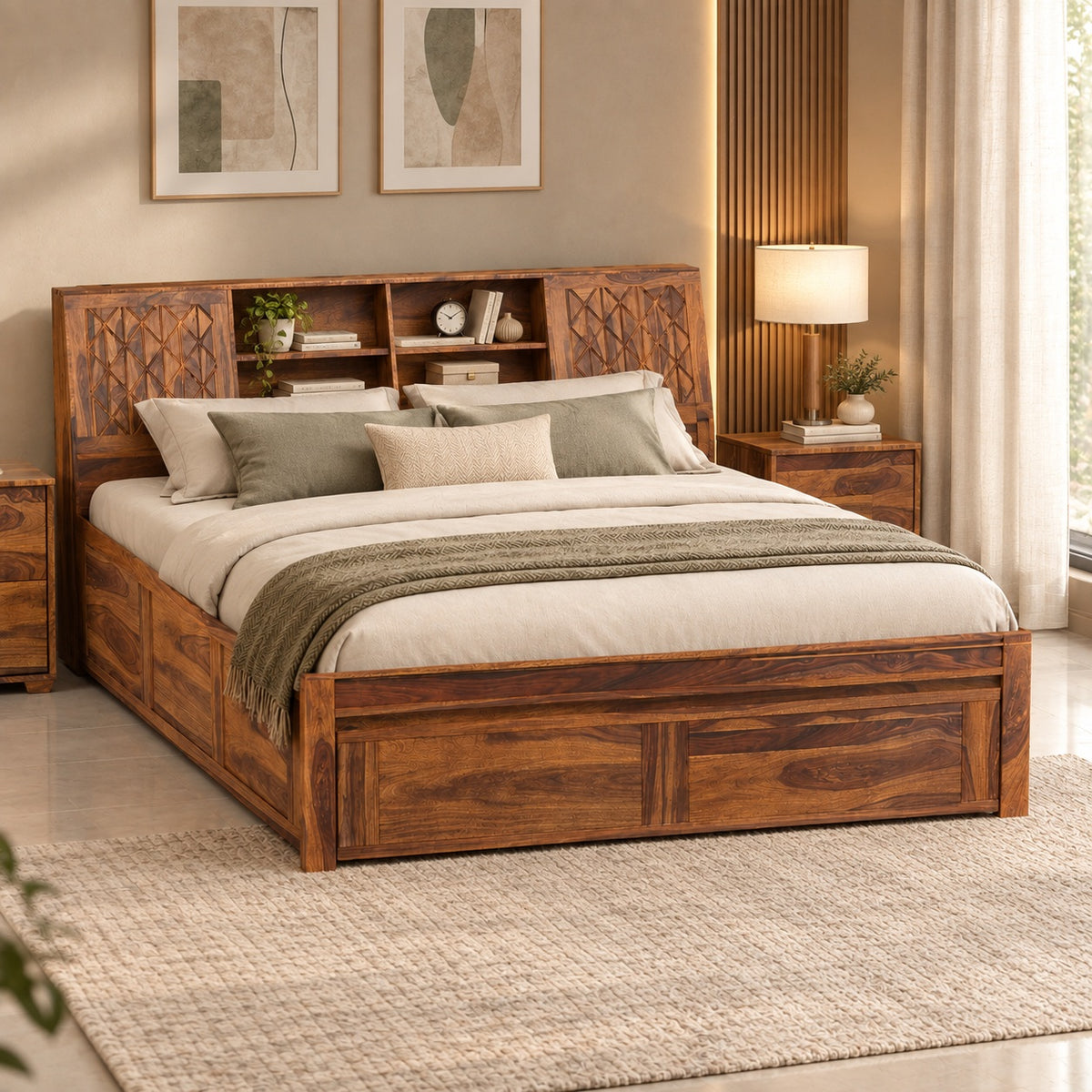 Bergen Sheesham Wood Queen Size Bed Drawer Storage in Honey Finish