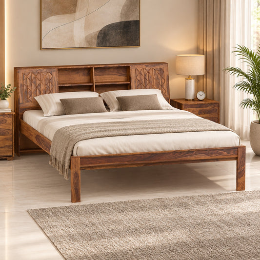 Bergen Sheesham Wood Queen Size Bed in Honey Finish