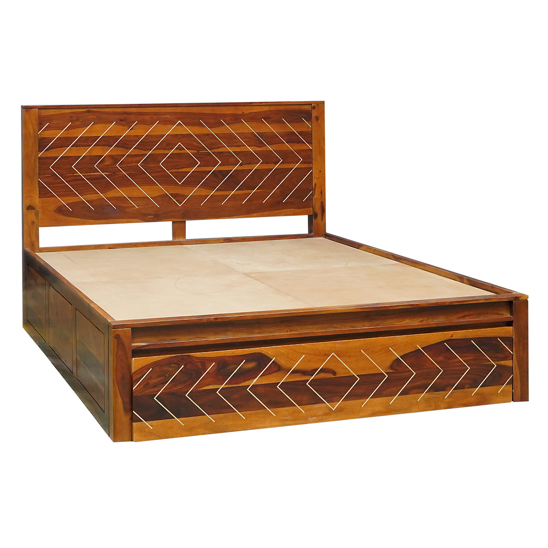 Bristol Sheesham Wood Queen Size Bed with Drawer Storage in Honey Finish