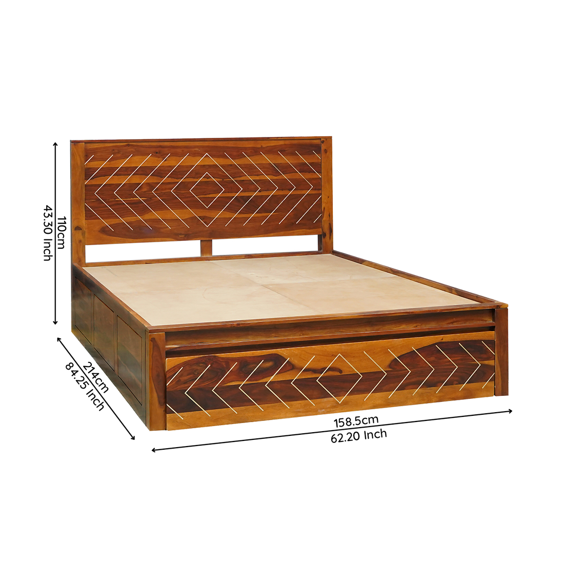 Bristol Sheesham Wood Queen Size Bed with Drawer Storage in Honey Finish