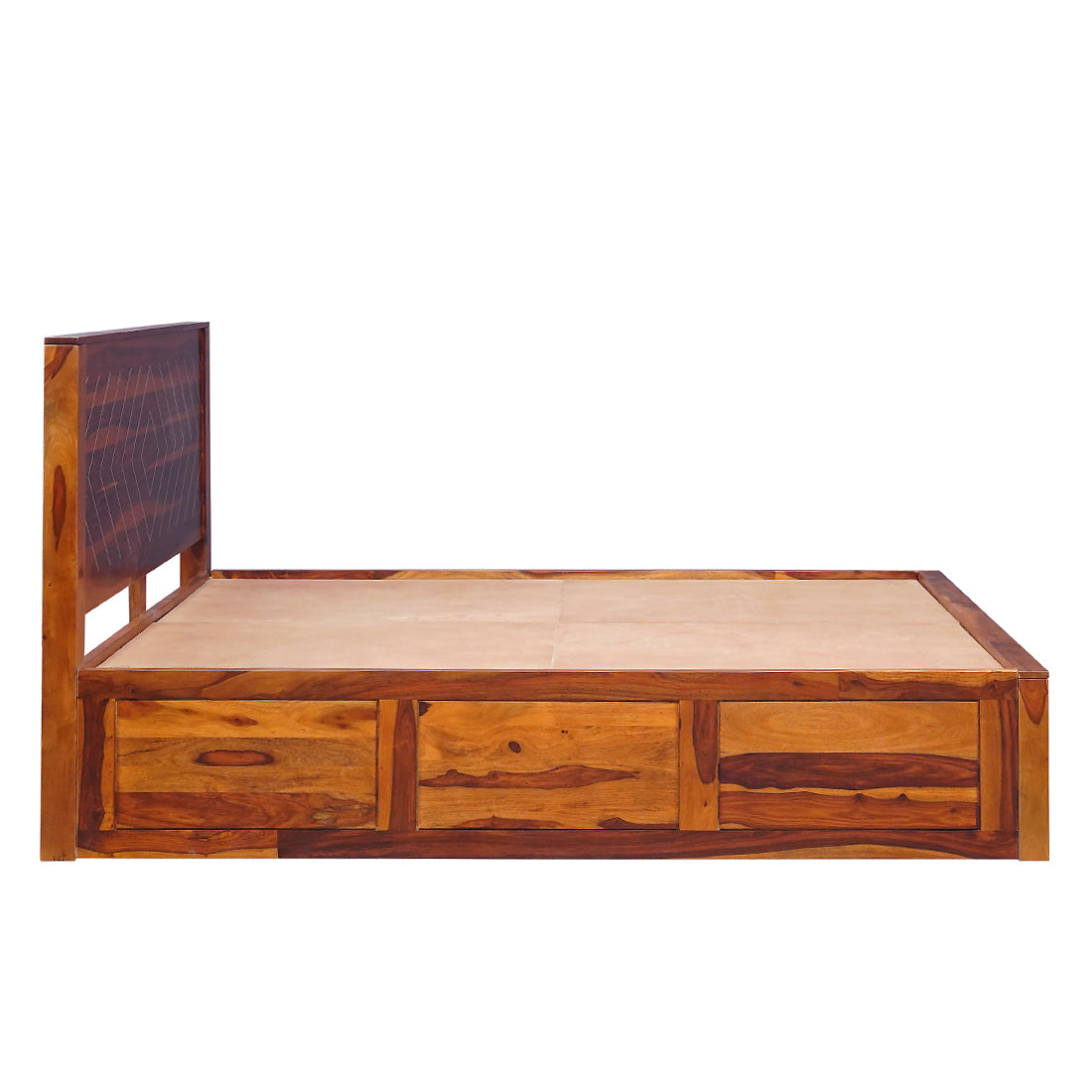 Bristol Sheesham Wood Queen Size Bed with Drawer Storage in Honey Finish