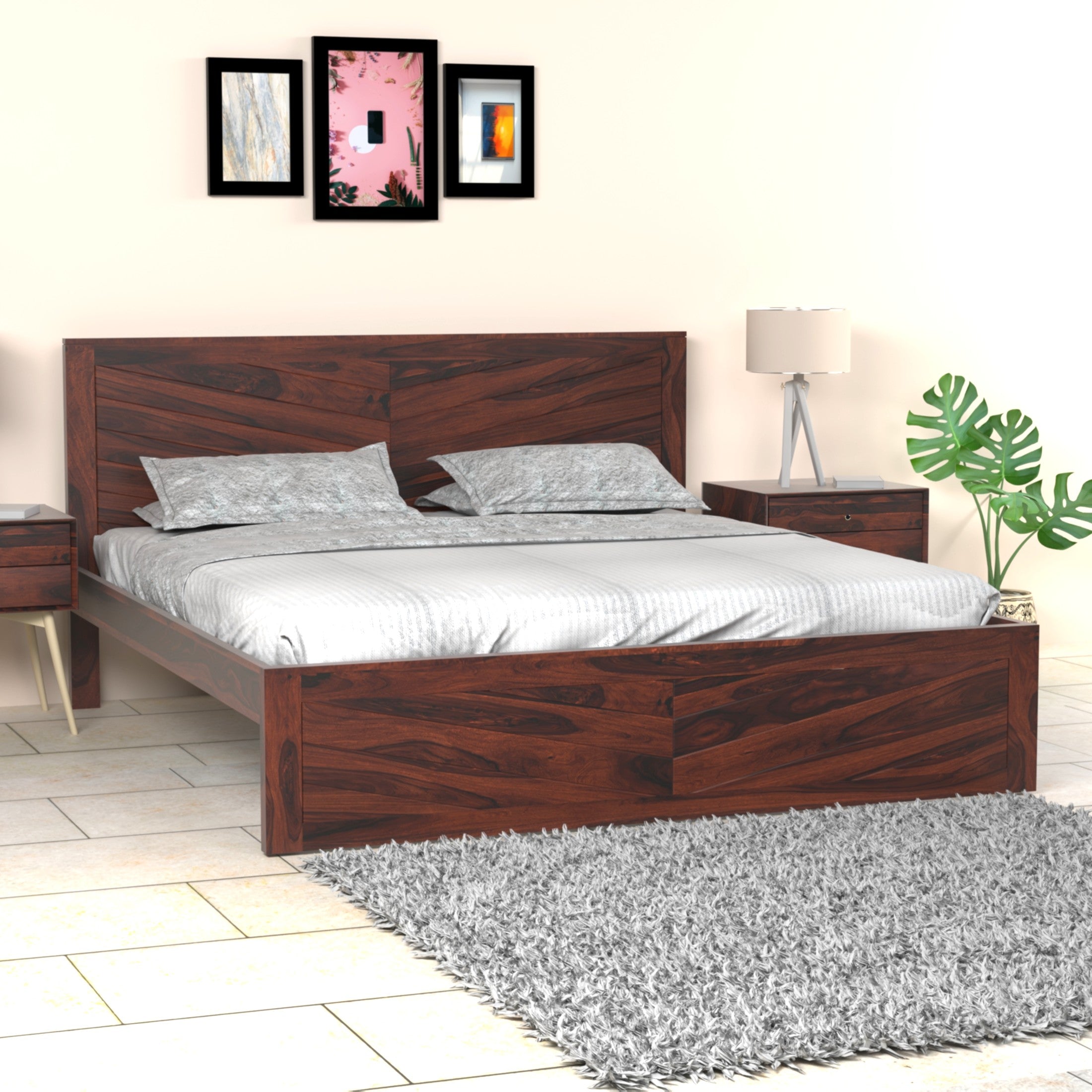 Chevron Sheesham Wood King Size Bed in Rosewood Finish