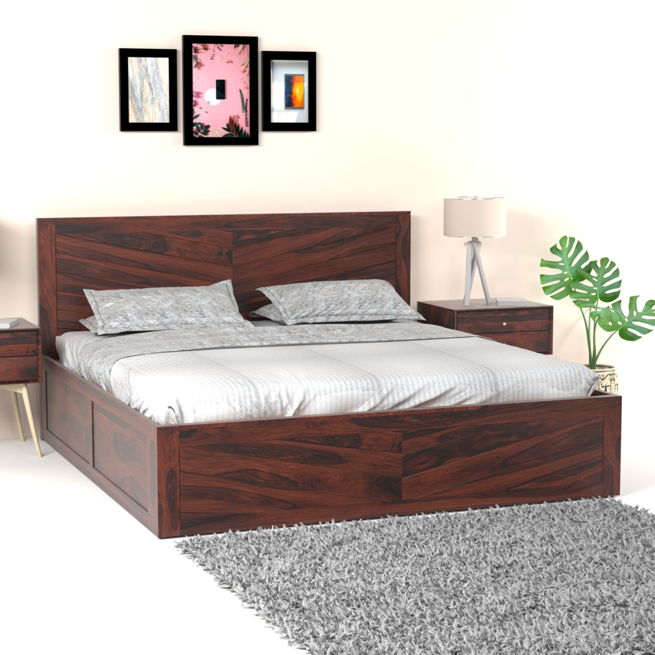 Chevron Sheesham Wood King Size Bed with Box Storage in Rosewood Finish