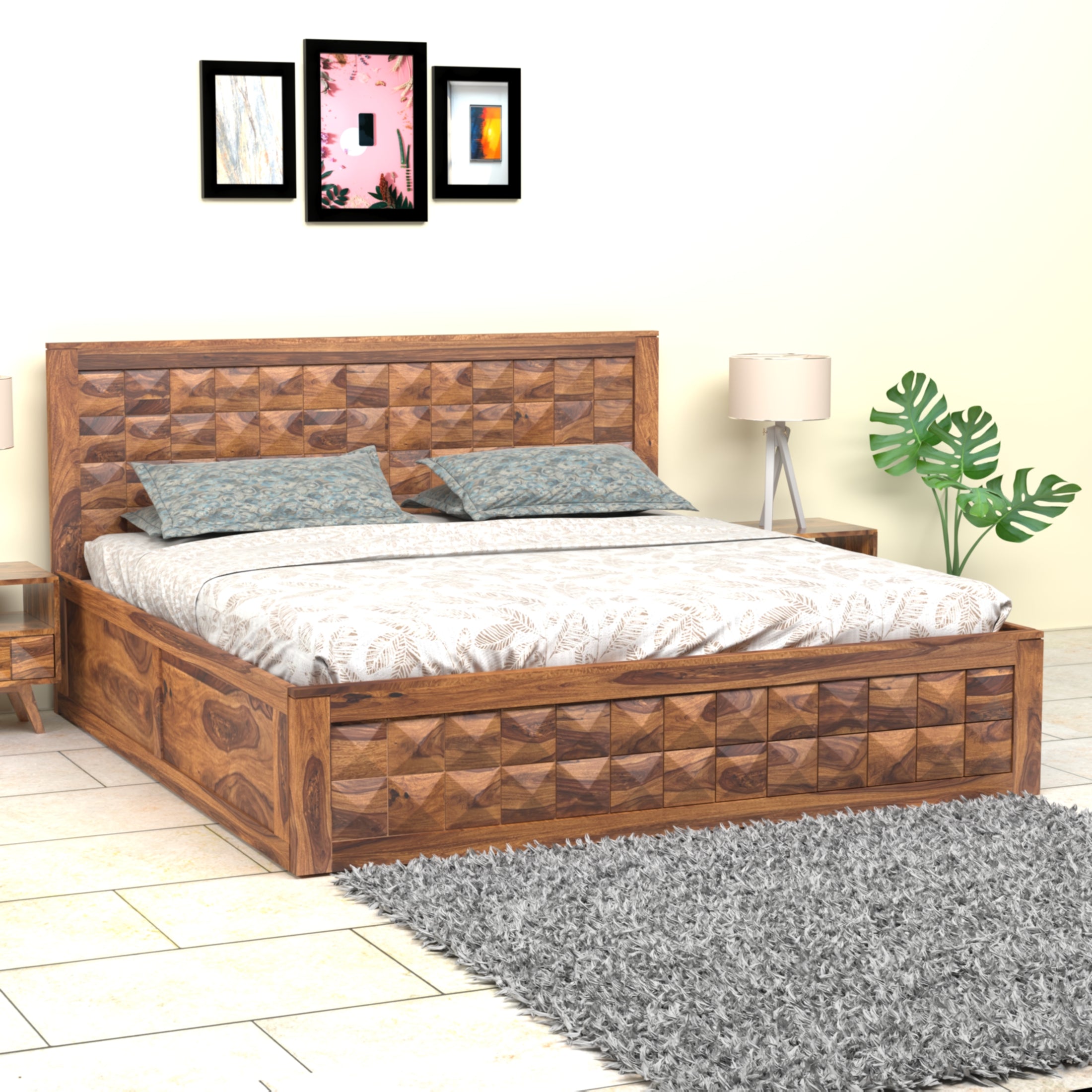 Diamond Sheesham Wood King Size Bed with Box Storage in Honey Finish