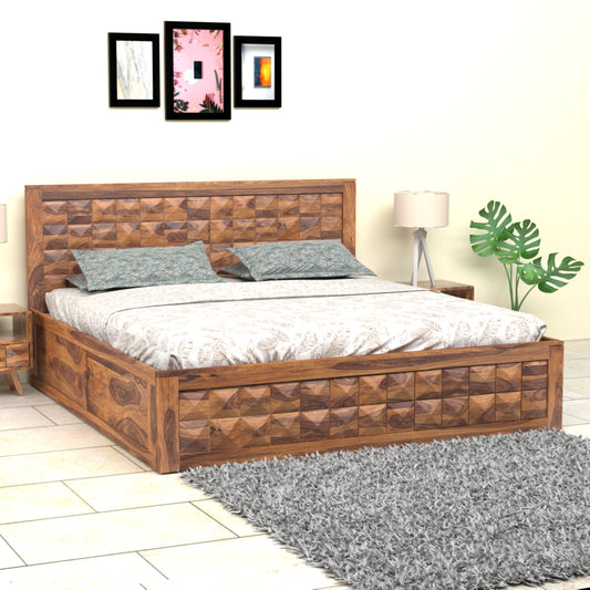 Diamond Sheesham Wood King Size Bed with Box Storage in Honey Finish