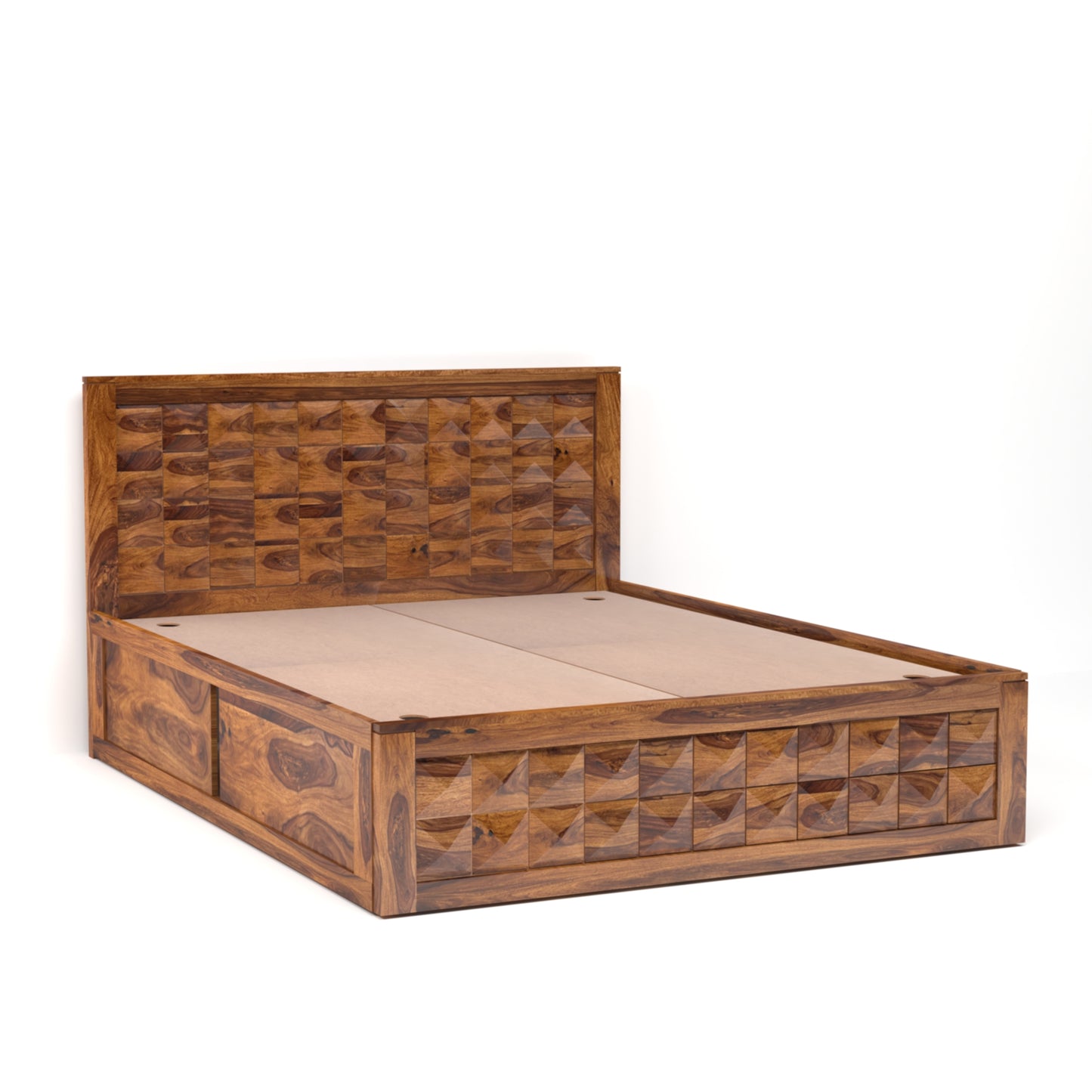 Diamond Sheesham Wood Queen Size Bed with Box Storage in Honey Finish