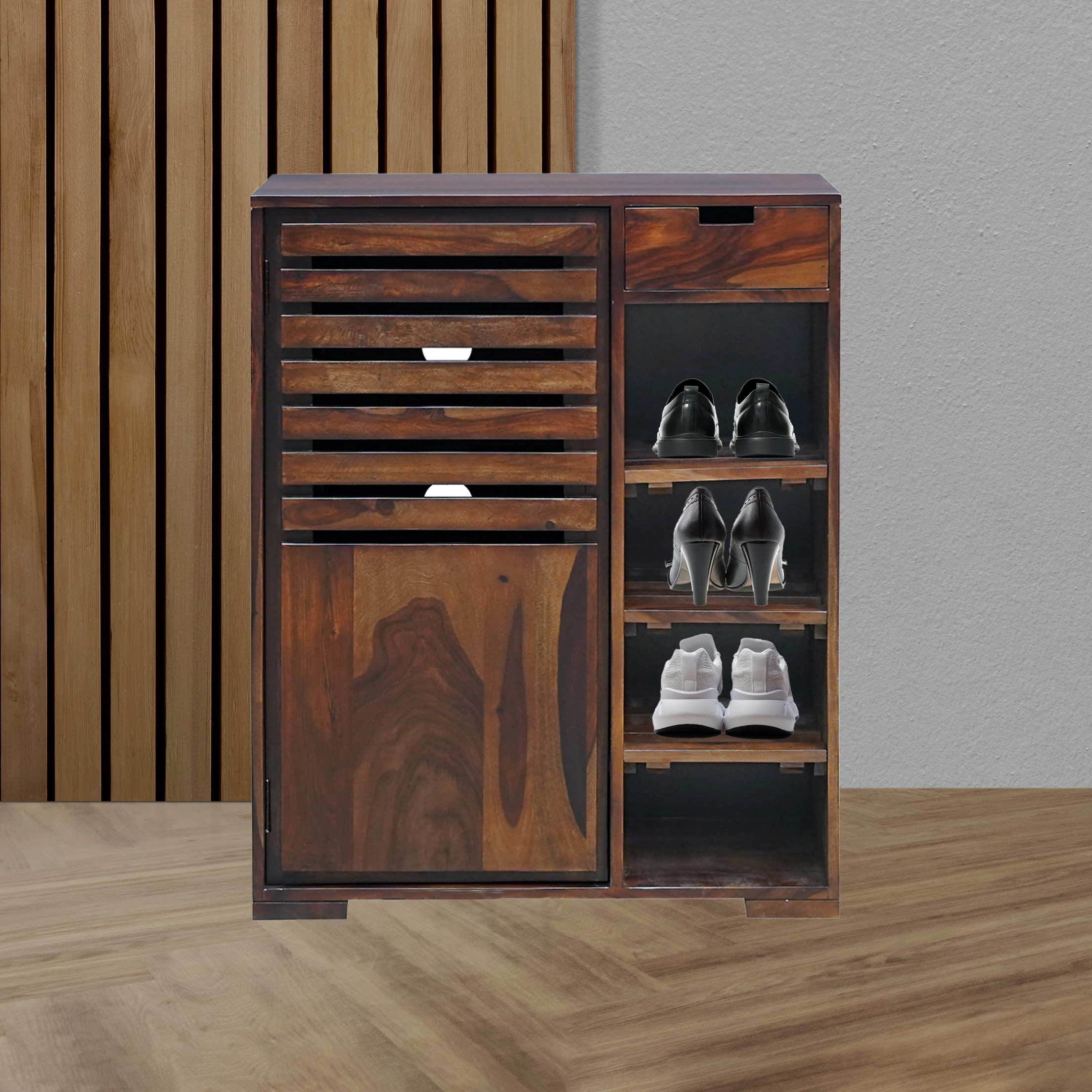 Fulton Sheesham Wood Shoe Rack in Walnut Finish– WOODPEEL FURNITURE AND ...