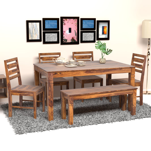Prados Sheesham Wood Six Seater Dining Set with Bench in Honey Finish