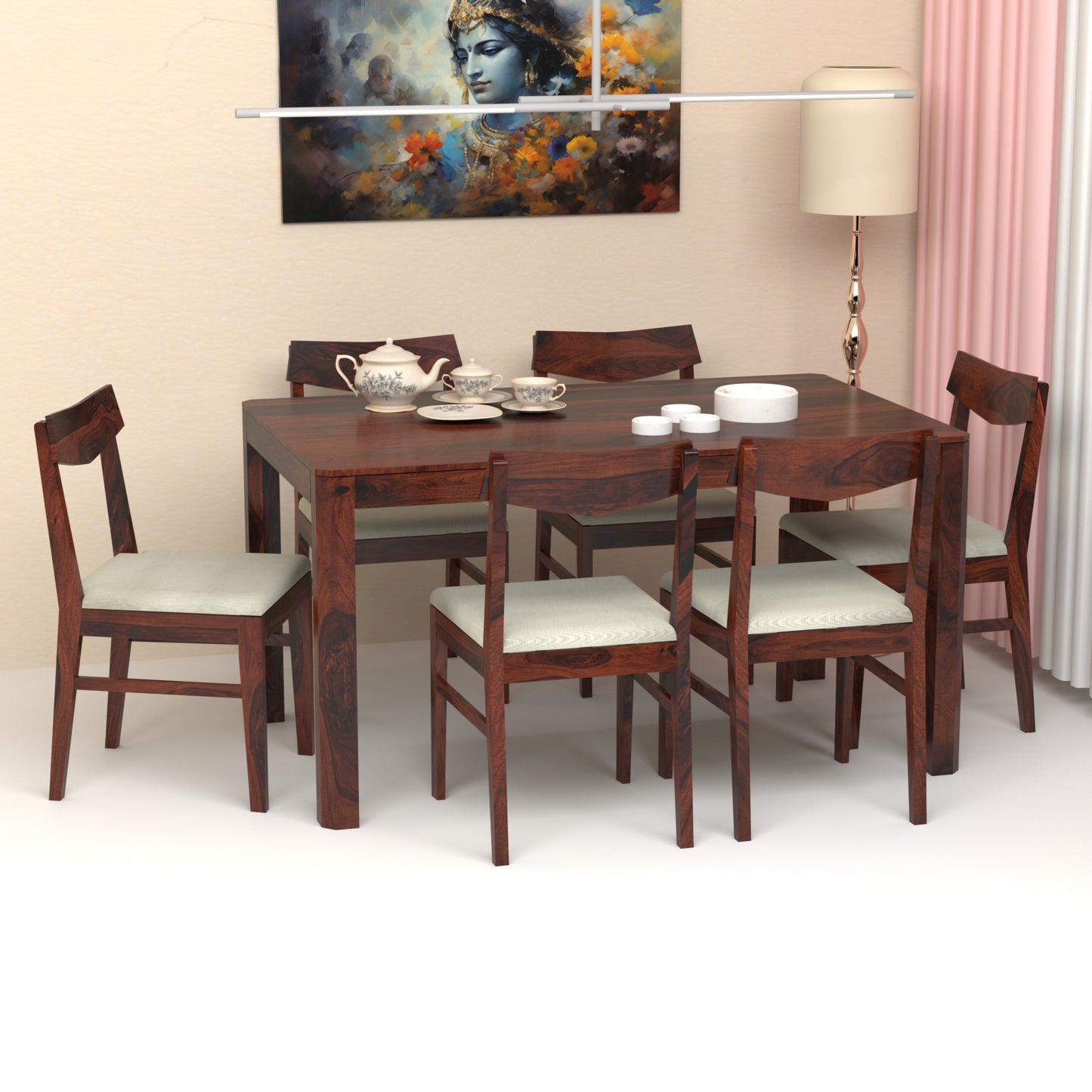 Ruby Sheesham Wood Six Seater Dining Set in Rosewood Finish