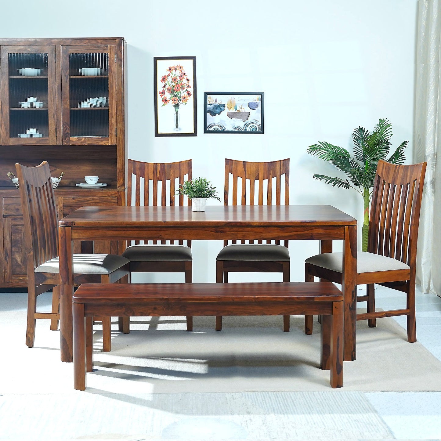 Toronto Sheesham Wood 6 Seater Dining Set with Bench in Honey Finish