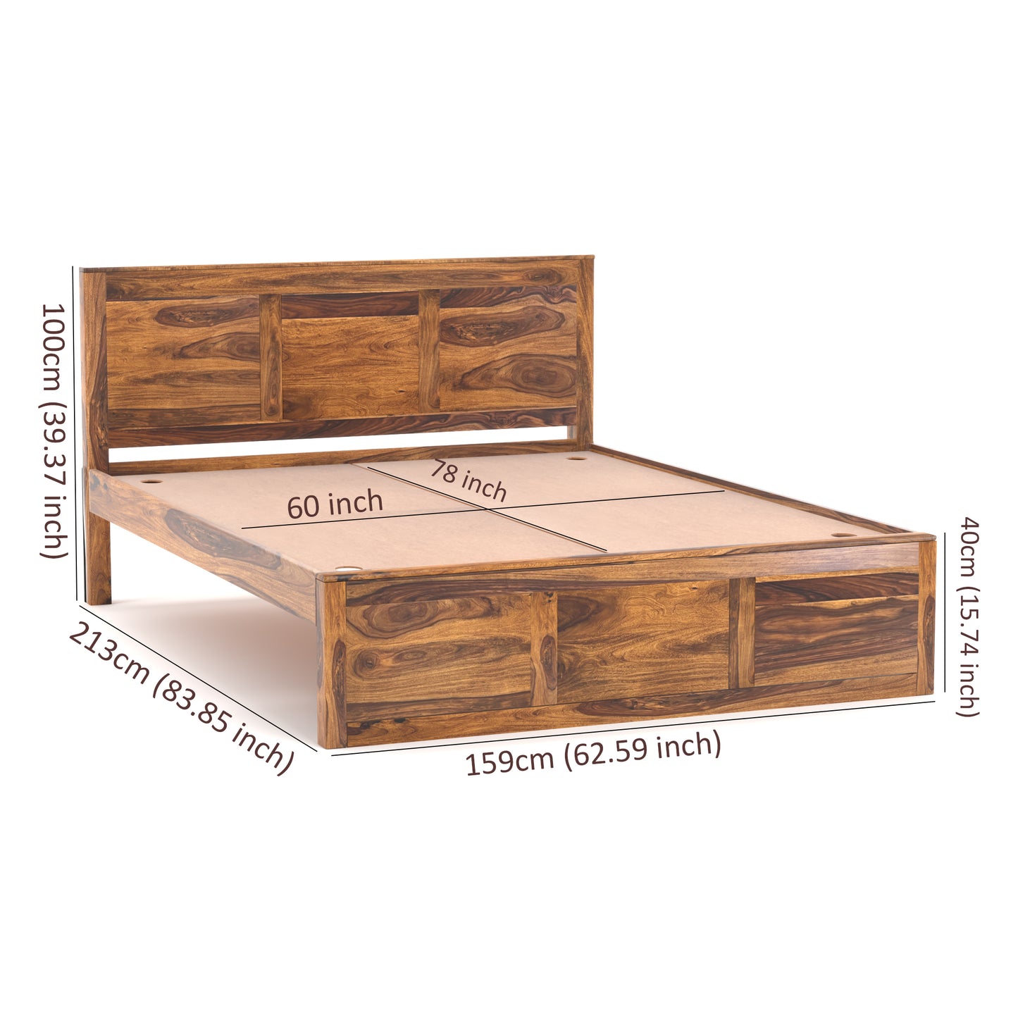 Toronto Sheesham Wood Queen Size Bed in Honey Finish