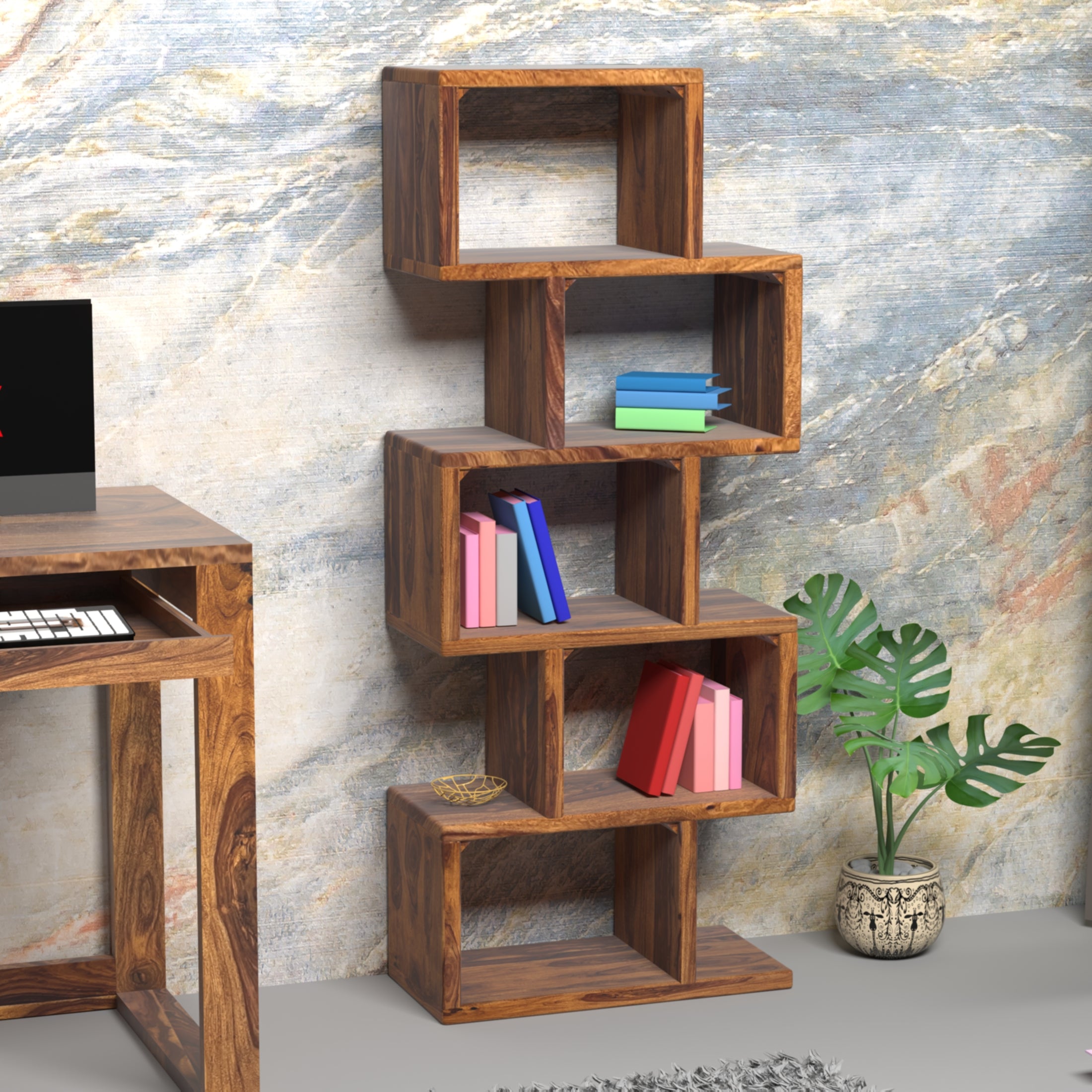 Toronto Sheesham Wood Zig-Zag Bookshelf in Honey Finish