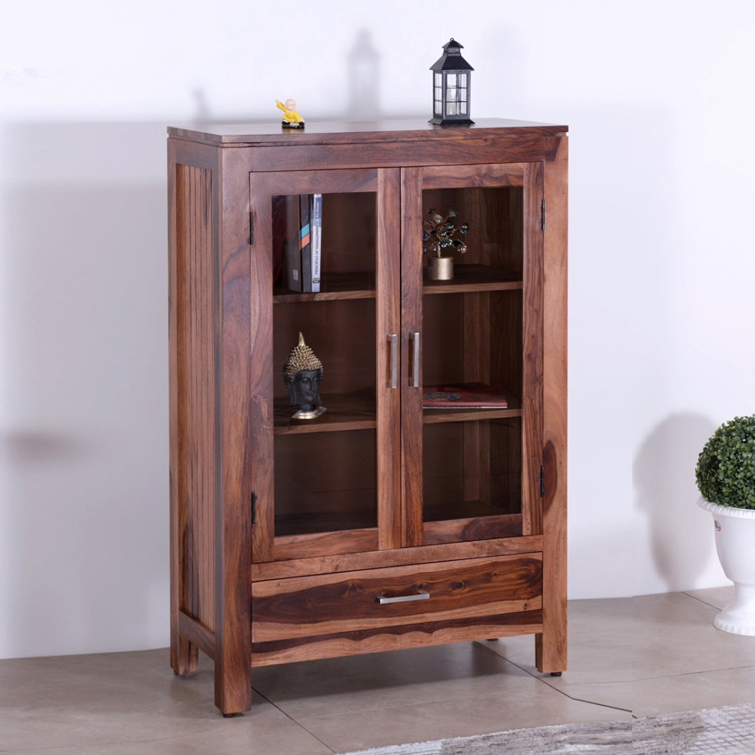 Harper Sheesham Wood Glass Cabinet [Natural Teak Finish]